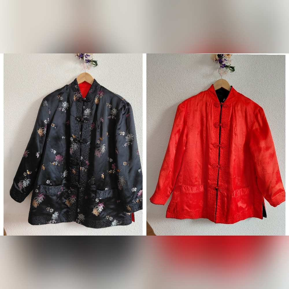 Vintage Asian Embroidered Silk Reversable Artisan Designer Black/red Jacket